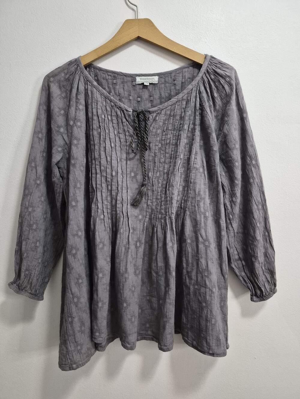 World Market Pintuck Peasant Blouse Gray Oversized Size Small/Medium